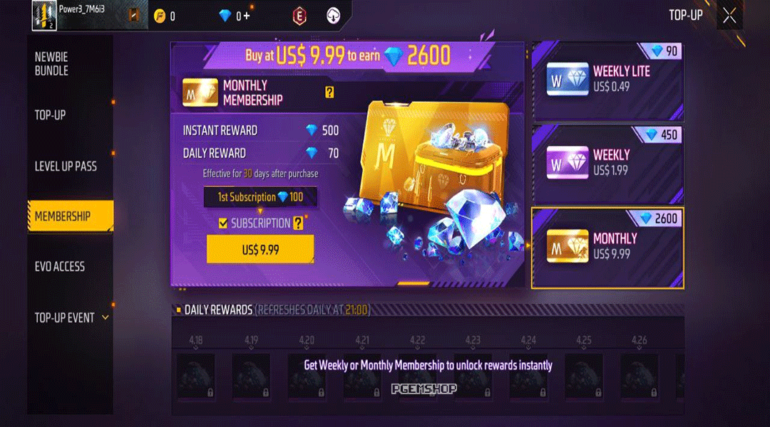 کارت ماهانه فری فایر (Monthly Membership) 