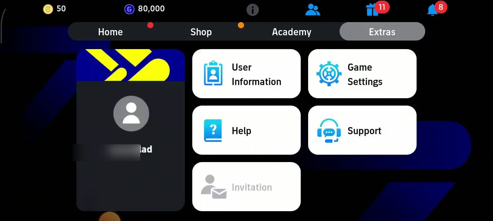 ورود به بخش Extras و انتخاب User Information در بازی eFootball