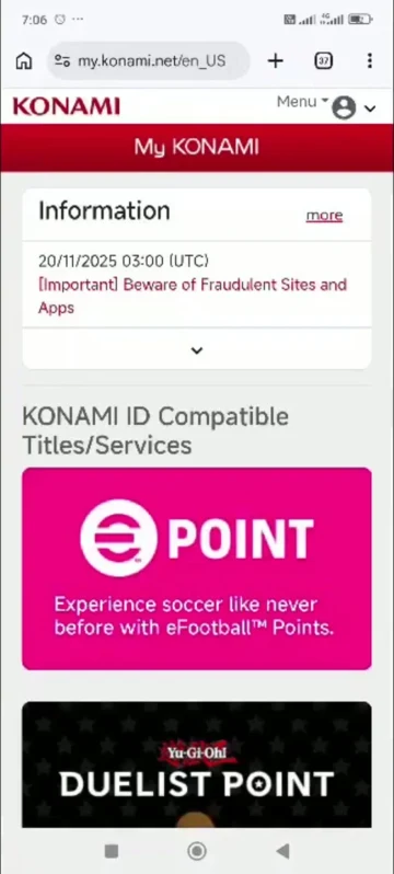 صفحه اصلی حساب My KONAMI پس از ورود