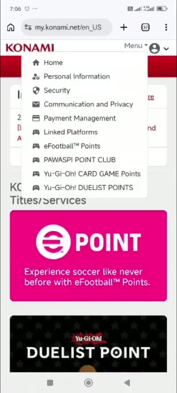 انتخاب Personal Information از منوی My KONAMI