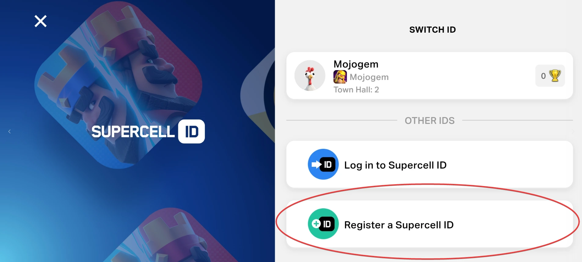 انتخاب گزینه Register a Supercell ID برای ساخت اکانت جدید