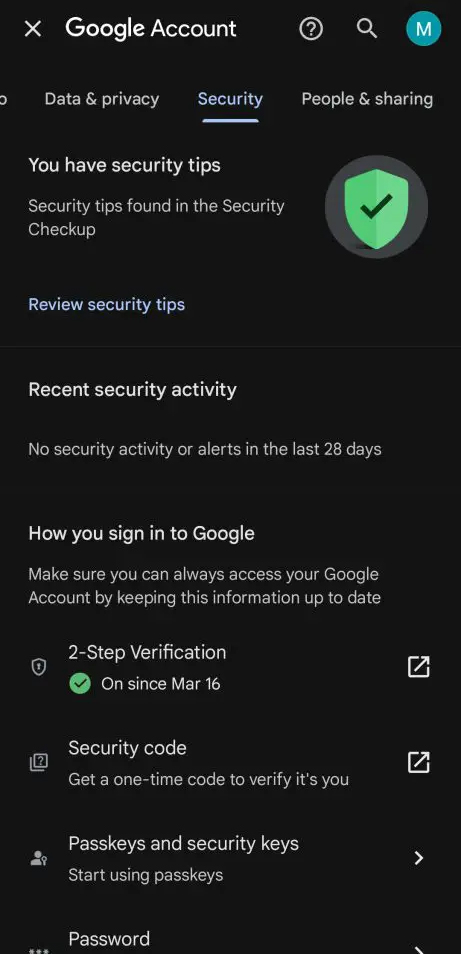 مرحله سوم: ورود به تب امنیت یا Security در تنظیمات اکانت گوگل