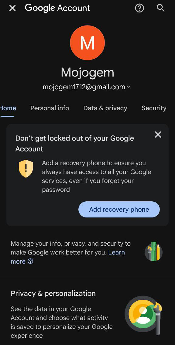 ورود به بخش امنیت یا Security در مدیریت اکانت گوگل