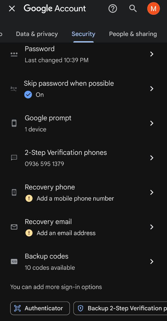پیدا کردن گزینه کدهای پشتیبان یا Backup codes