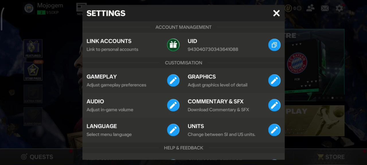منوی تنظیمات بازی اف سی موبایل و گزینه Link Account