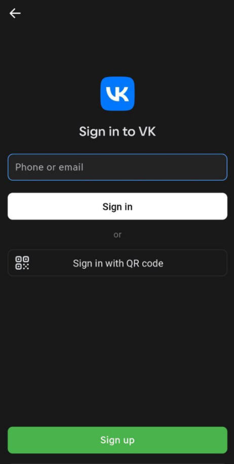 ورود به اپلیکیشن وی کی و زدن دکمه ثبت نام یا Sign Up