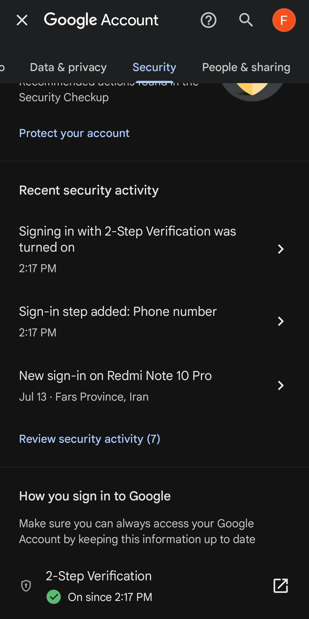 نمایش تیک سبز فعال بودن 2-Step Verification در بخش Security