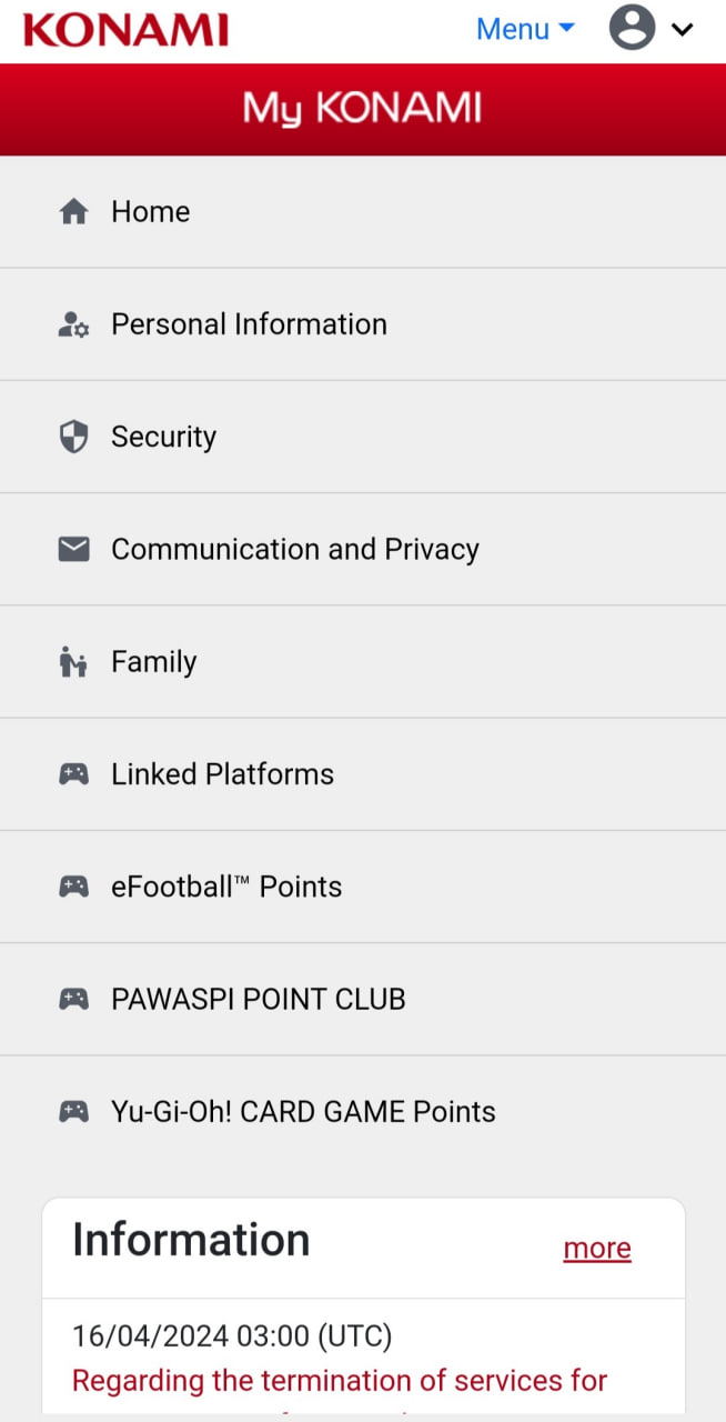 ورود به بخش Security در پنل کاربری اکانت کونامی