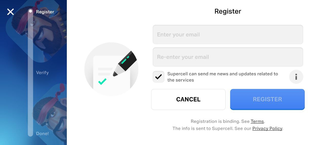 وارد کردن ایمیل برای ثبت نام در سوپرسل