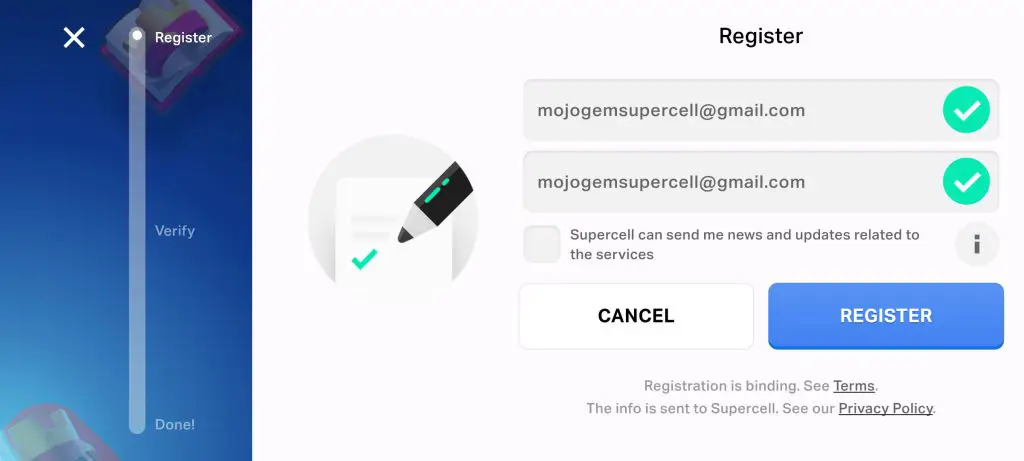 انتخاب بین ورود (Login) و ثبت نام (Register) در سوپرسل