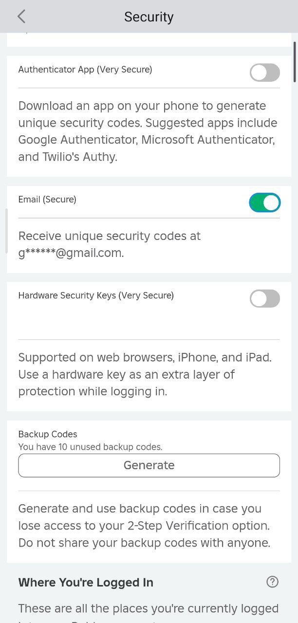 کلیک روی دکمه Generate برای ساخت کدهای بکاپ