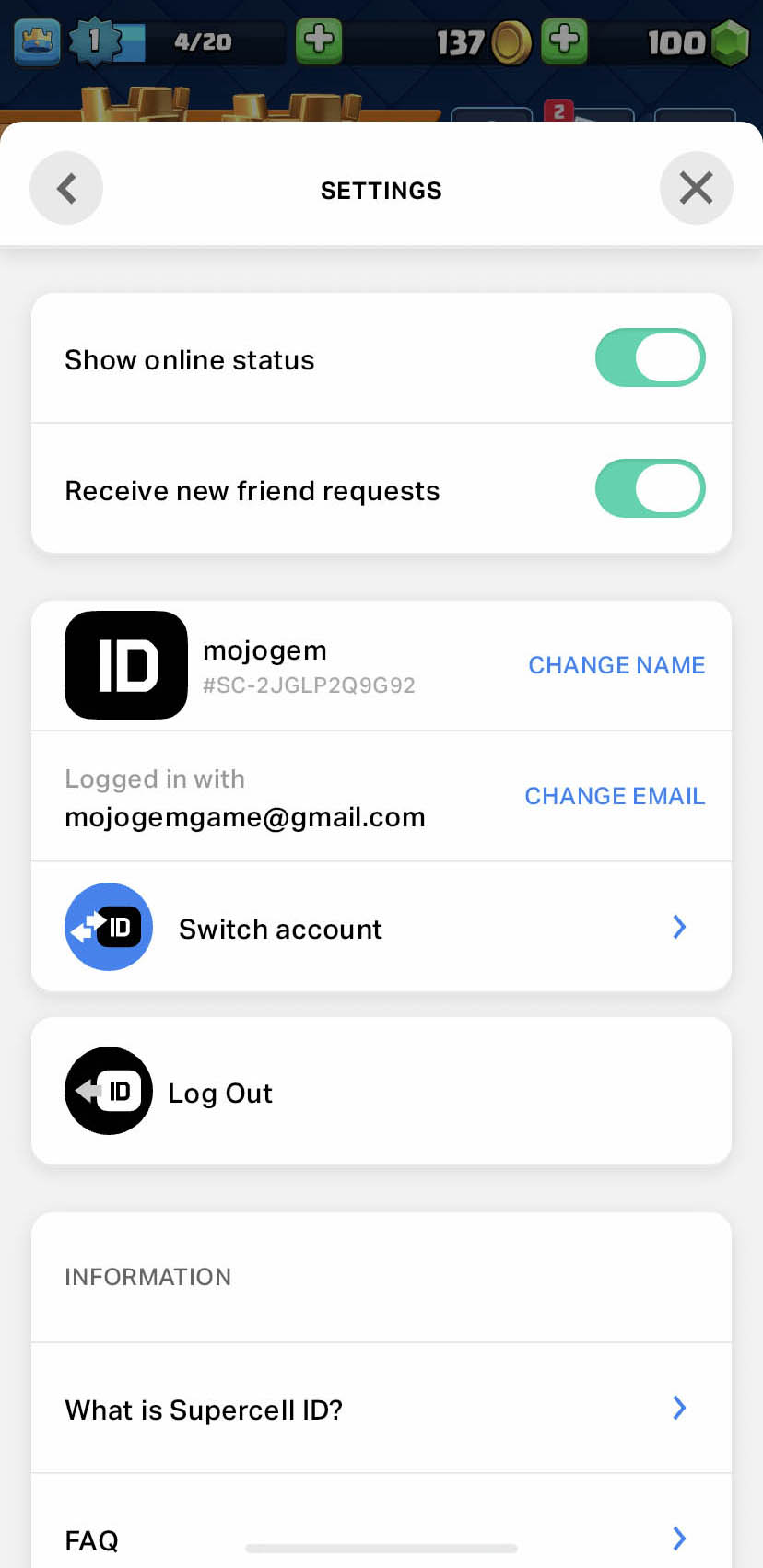 مرحله چهارم دریافت کد در کلش رویال: انتخاب گزینه Switch Account