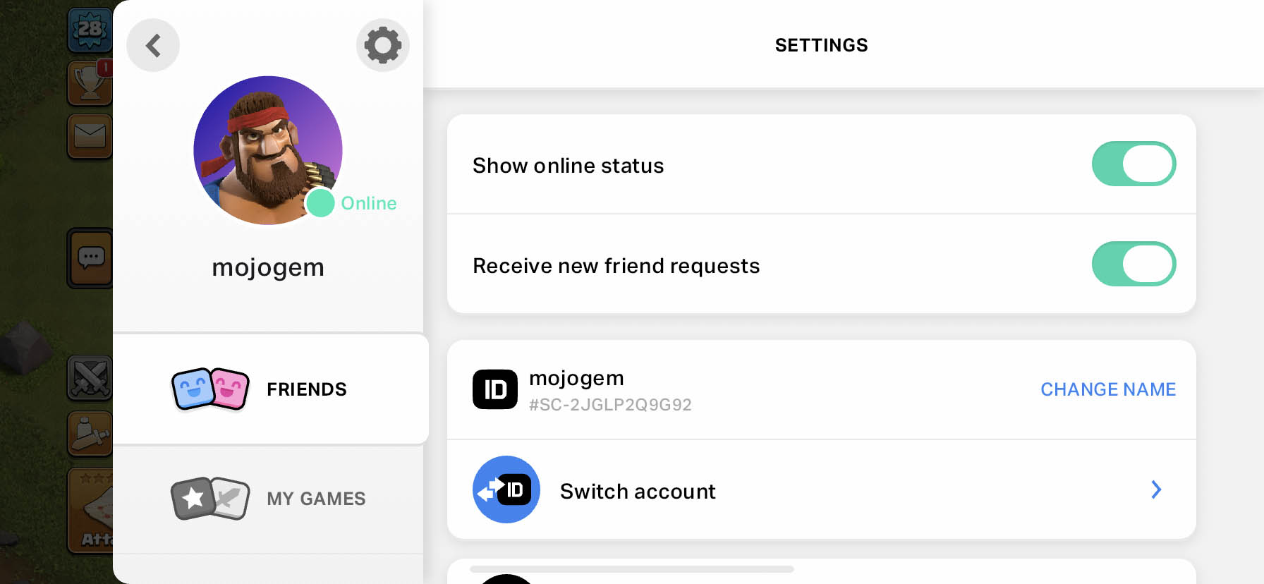 مرحله چهارم گرفتن کد در کلش آو کلنز: انتخاب گزینه Switch Account