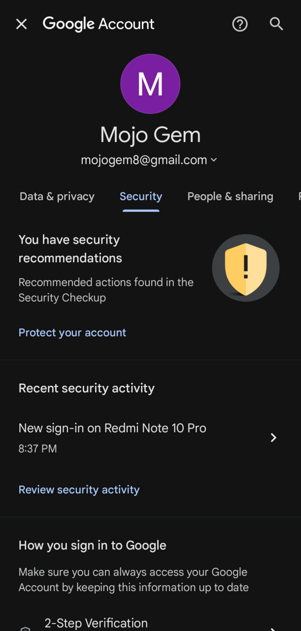 رفتن به تب Security در تنظیمات اکانت گوگل