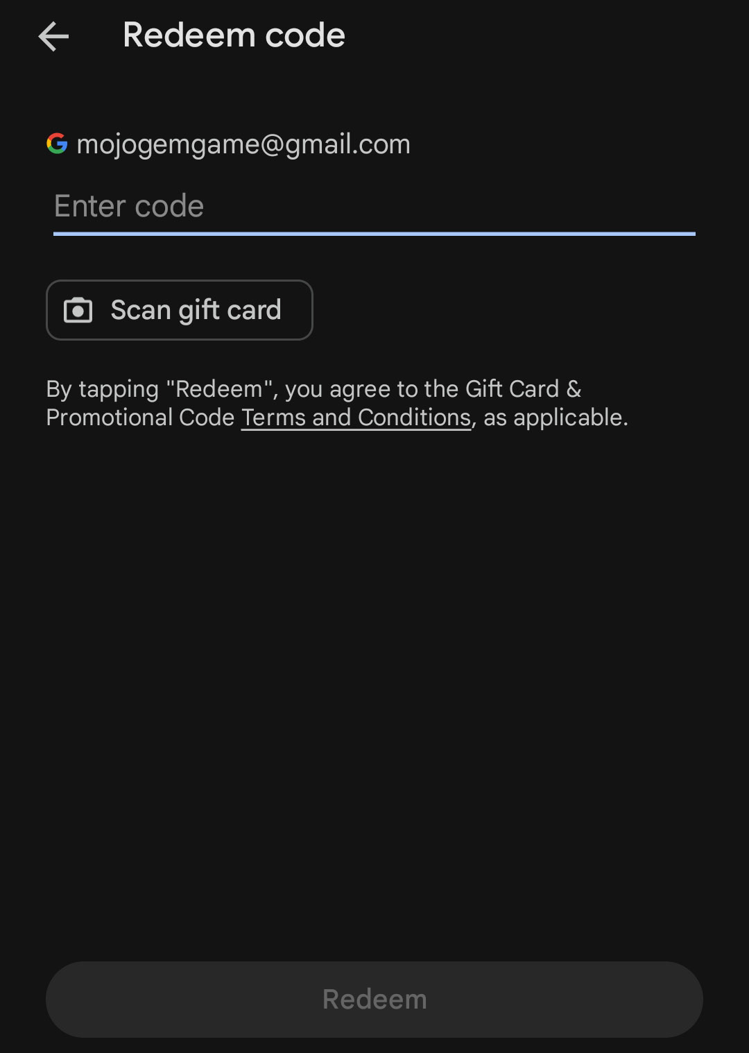 انتخاب گزینه Redeem code برای وارد کردن کد گیفت کارت