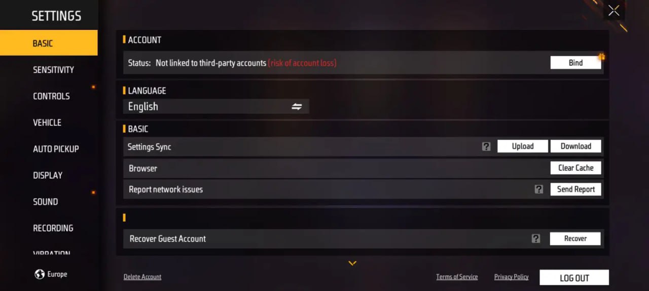 پیدا کردن گزینه Bind در بخش Account تنظیمات فری فایر