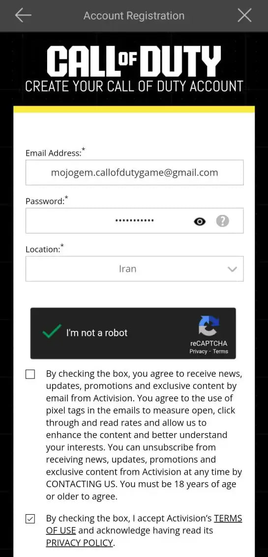 پر کردن فرم ثبتنام اکانت اکتیویژن با ایمیل و رمز عبور