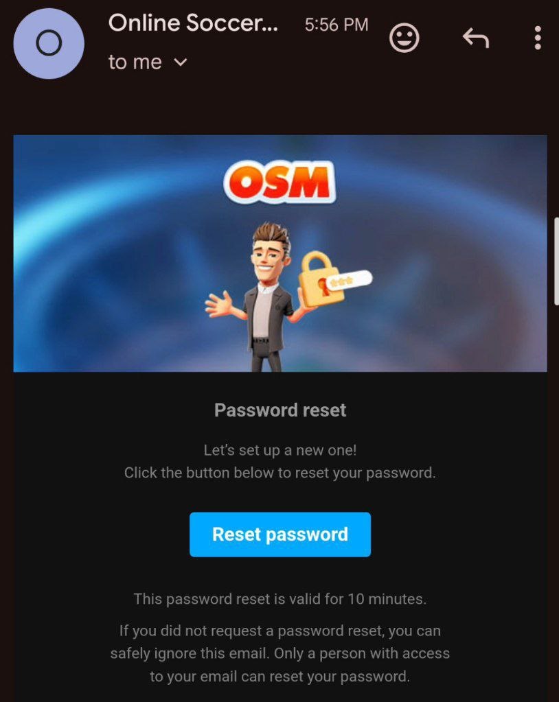 ایمیل دریافت شده از بازی و کلیک روی دکمه Reset password