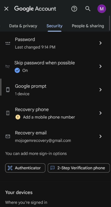 انتخاب گزینه Security و سپس Recovery phone در تنظیمات امنیتی