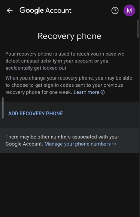 کلیک روی دکمه افزودن شماره بازیابی یا ADD RECOVERY PHONE