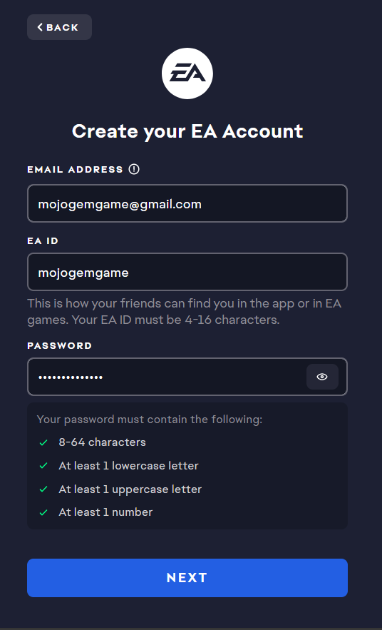 وارد کردن ایمیل، آیدی و رمز عبور برای اکانت EA