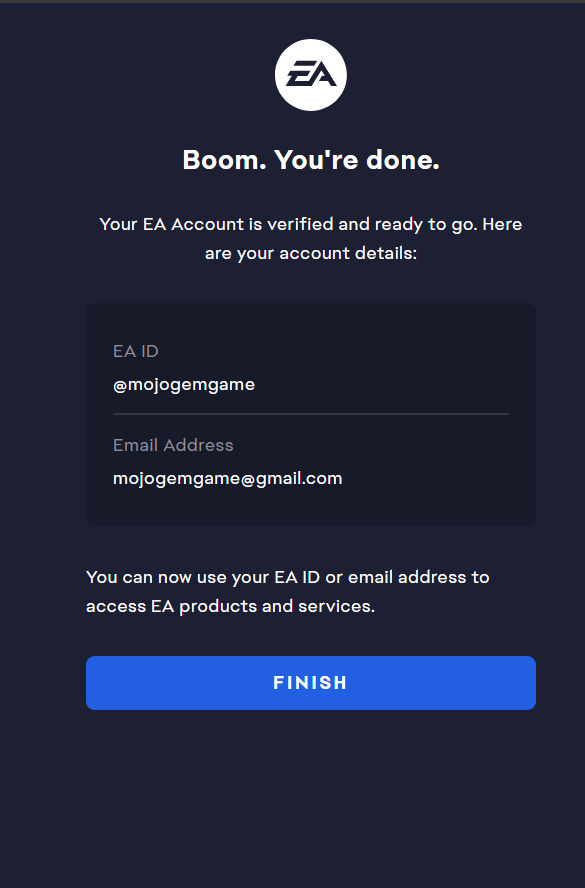 پیام موفقیتآمیز بودن ساخت اکانت EA و دکمه Finish